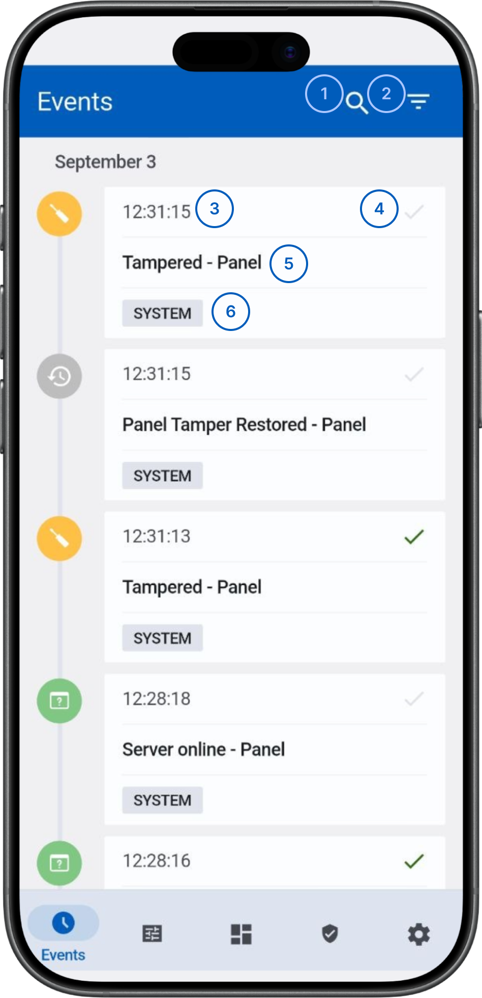 IQ Panel Events screen showing search, filters, timestamps, delivery status, and event descriptions (light theme)