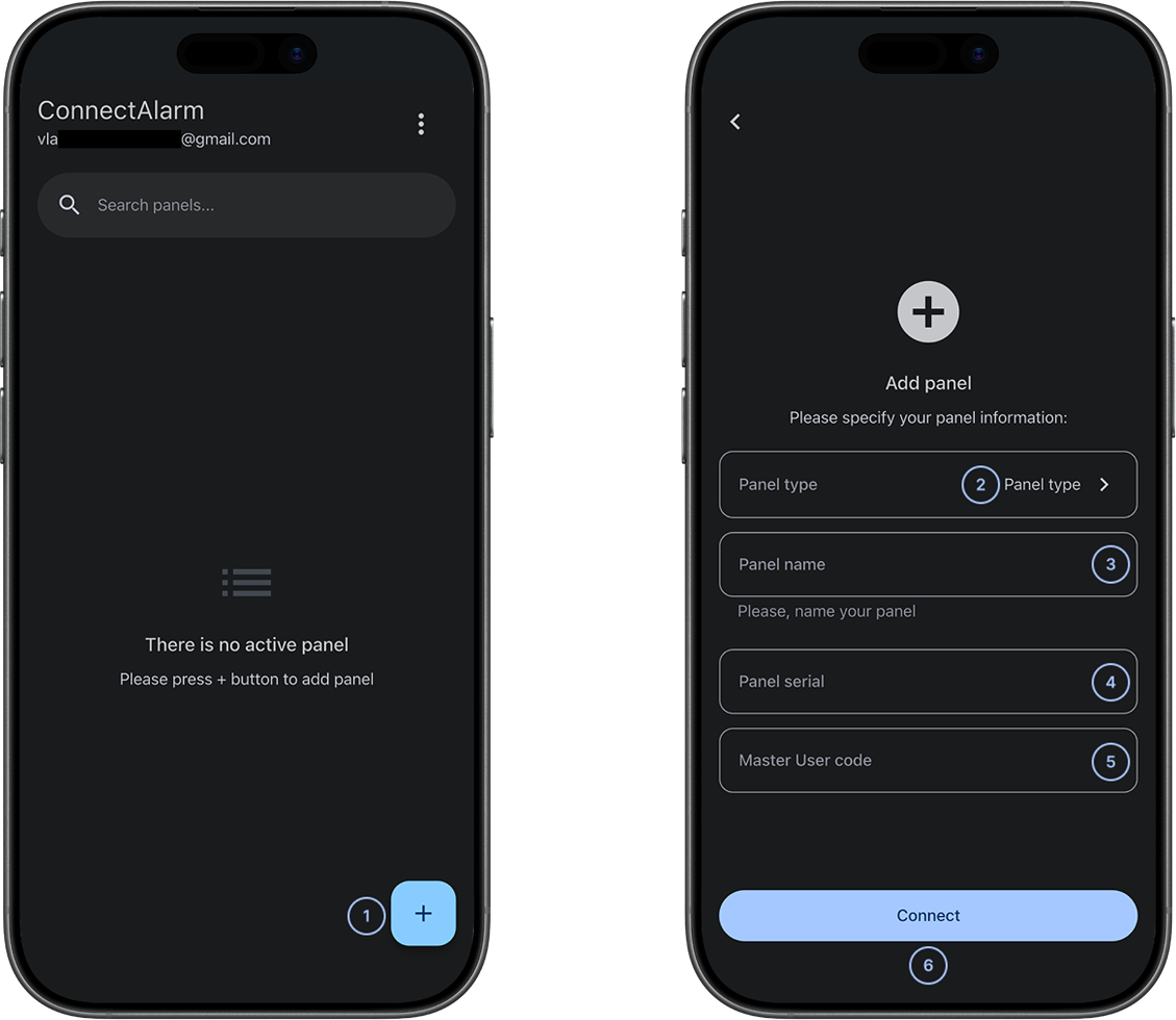 Add panel flow showing panel details and authorization fields with numbered callouts (dark)