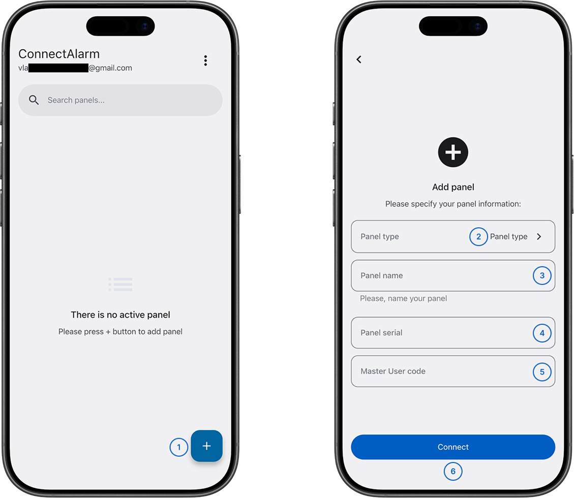 Add panel flow showing panel details and authorization fields with numbered callouts (light)