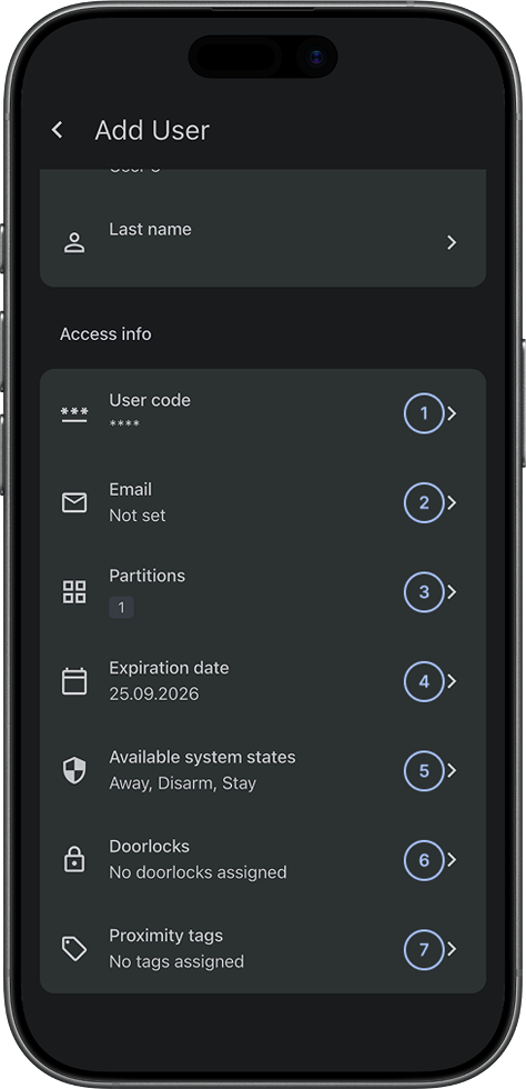 Add User screen showing Access info fields (dark)