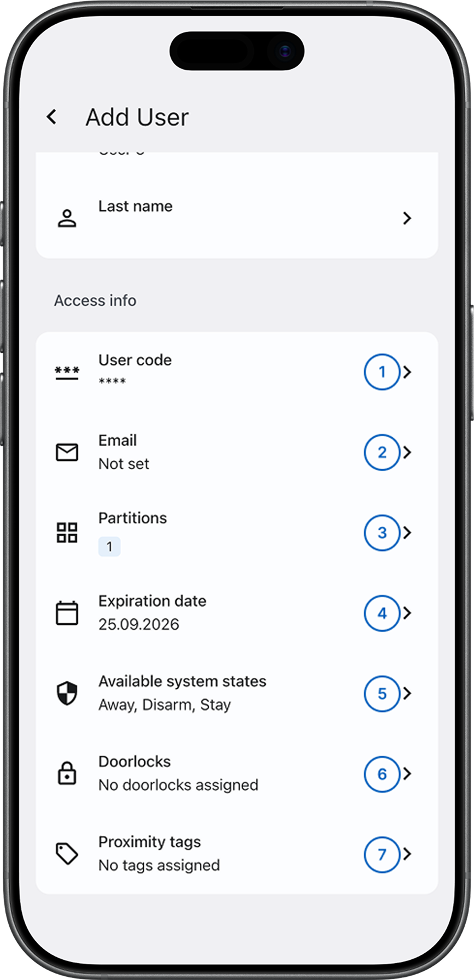 Add User screen showing Access info fields (light)