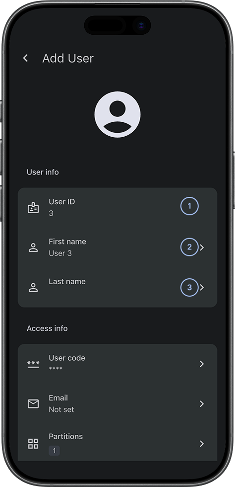 Add User screen showing User info fields (dark)