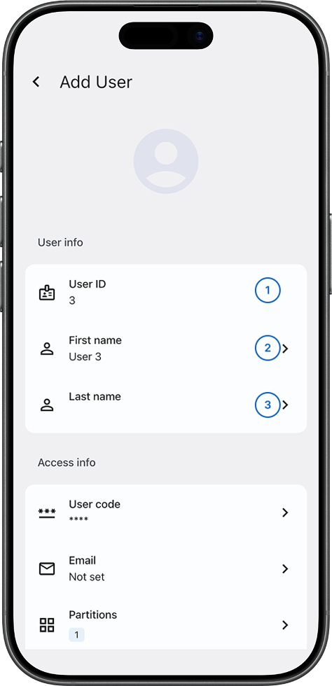 Add User screen showing User info fields (light)