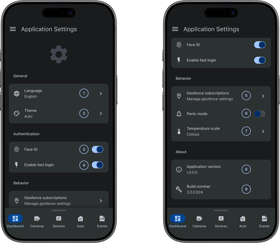 Application settings screen with numbered callouts (dark)