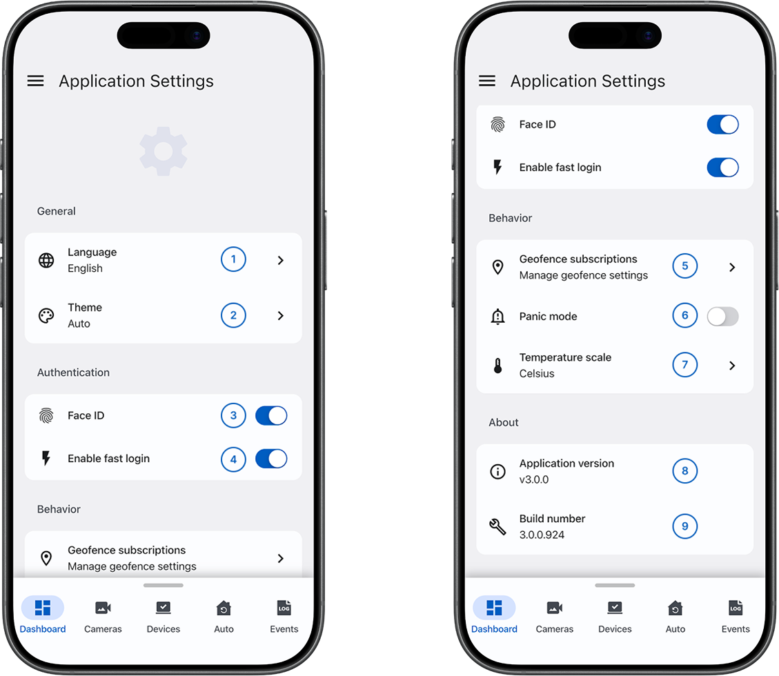Application settings screen with numbered callouts (light)