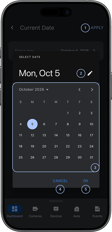 Date selection screen with calendar interface for date navigation (dark)