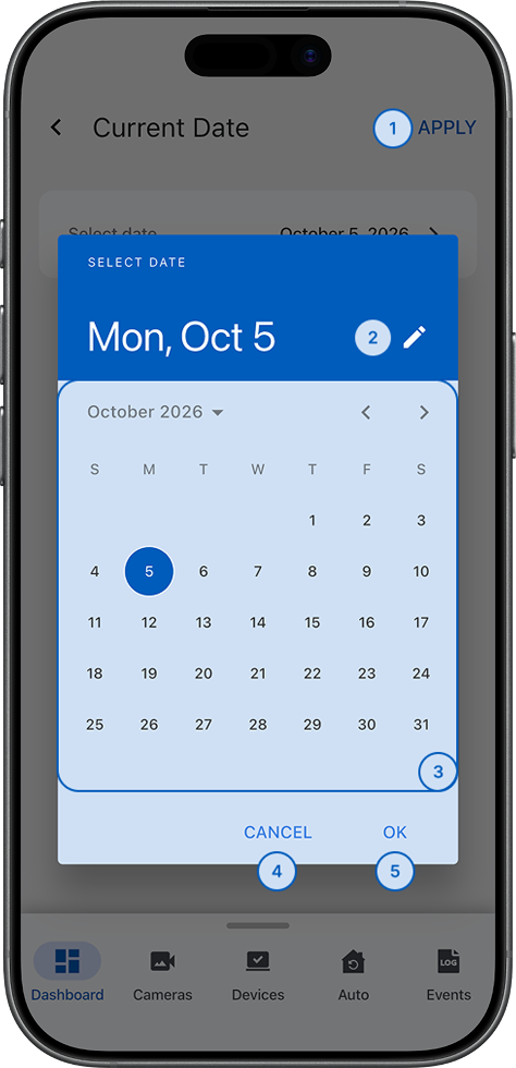 Date selection screen with calendar interface for date navigation (light)