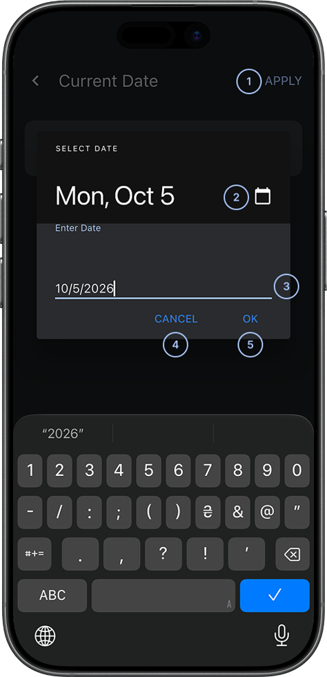 Date selection screen with text input field for manual date entry in DD/MM/YYYY format (dark)