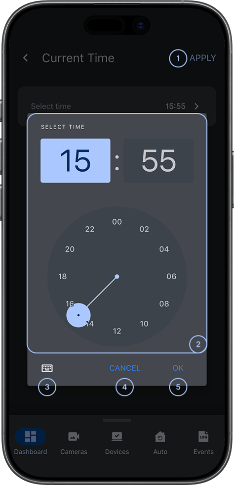 Time selection screen with clock interface for hours and minutes adjustment (dark)