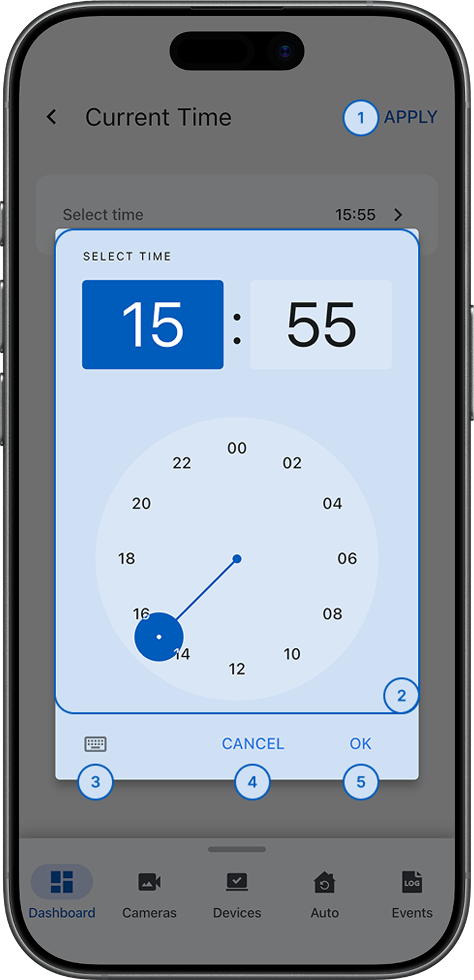 Time selection screen with clock interface for hours and minutes adjustment (light)