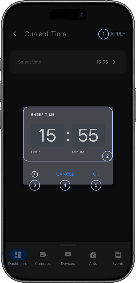 Time selection screen with text input field for manual time entry in HH:MM format (dark)