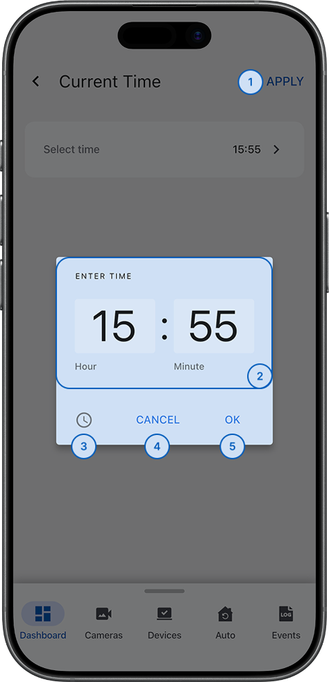 Time selection screen with text input field for manual time entry in HH:MM format (light)