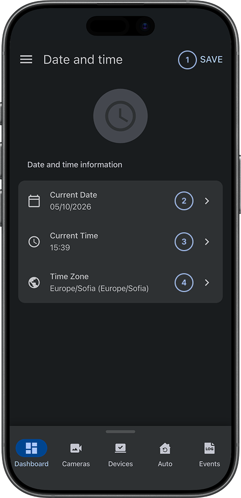 Panel date and time management screen with sections for date, time, and time zone (dark)