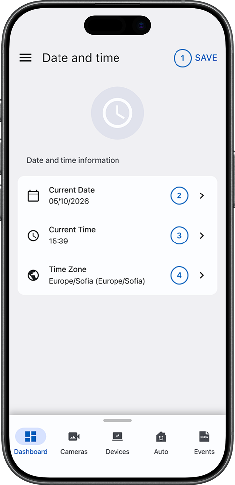 Panel date and time management screen with sections for date, time, and time zone (light)