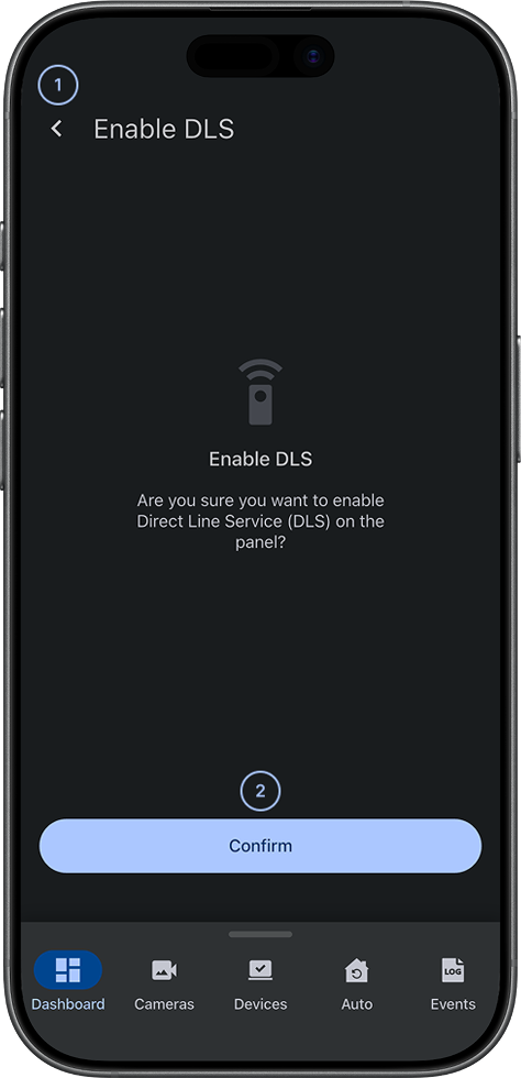 Enable DLS screen with back and confirm buttons (dark)