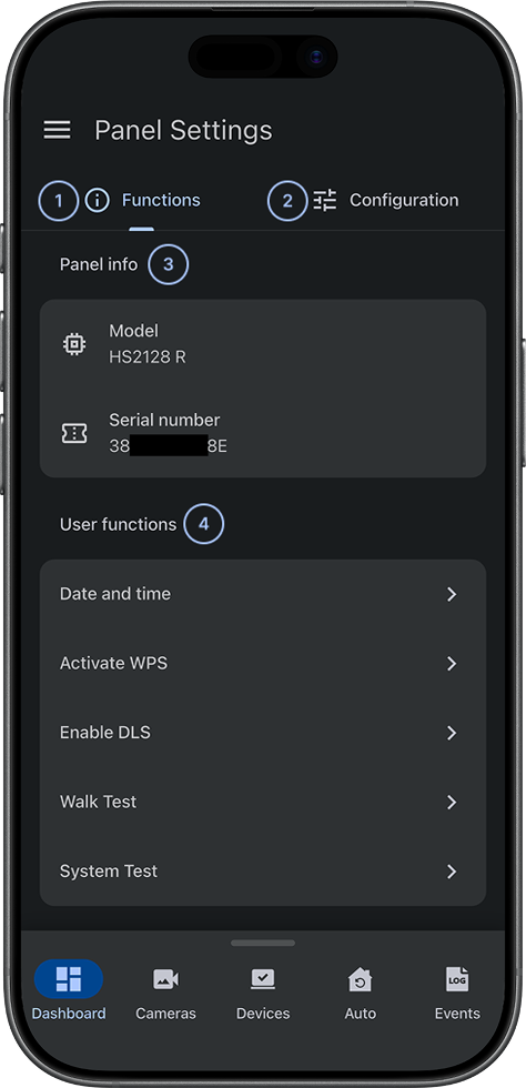 Panel settings Functions tab with panel info and user functions list (dark)