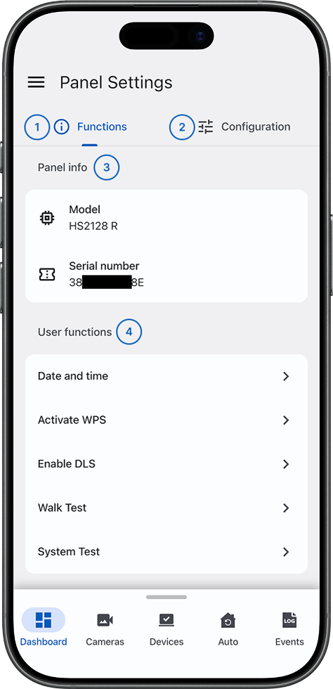 Panel settings Functions tab with panel info and user functions list (light)