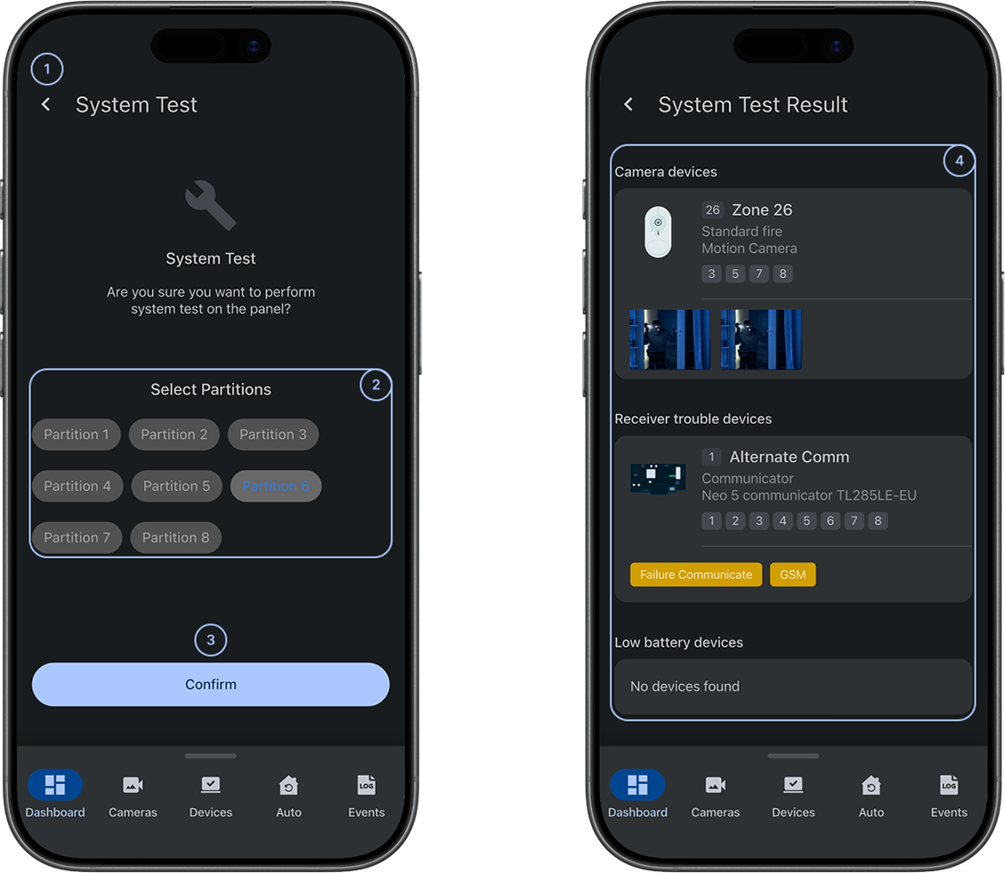 System Test screen with partitions selector, confirm button, and results (dark)