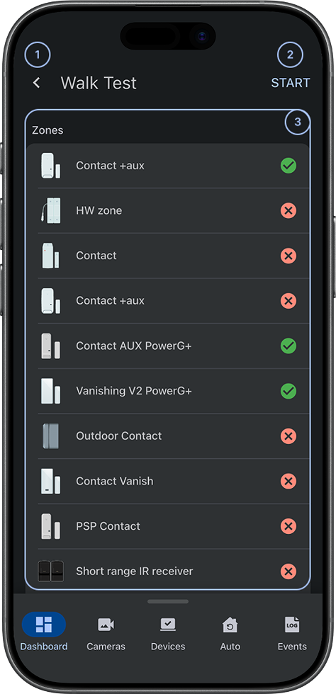 Walk Test screen with start button and results (dark)