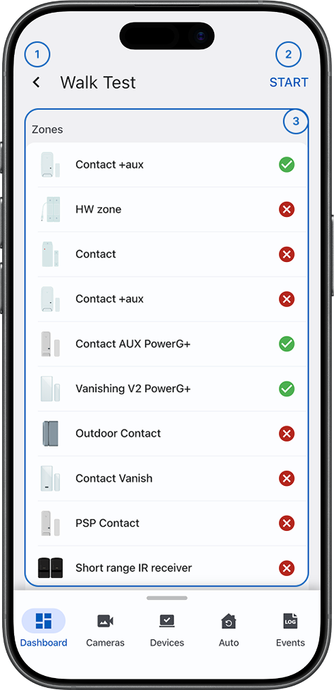 Walk Test screen with start button and results (light)
