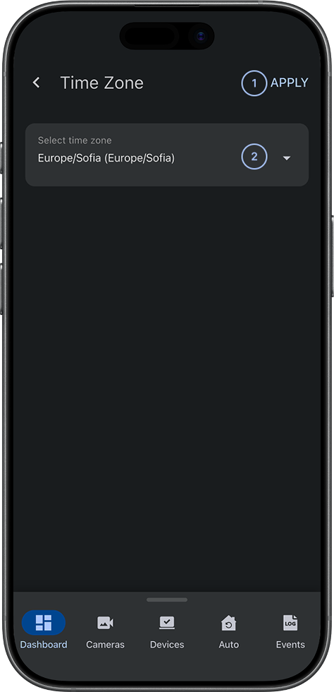 Time zone selection screen with dropdown menu displaying supported time zones (dark)