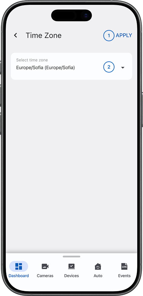 Time zone selection screen with dropdown menu displaying supported time zones (light)