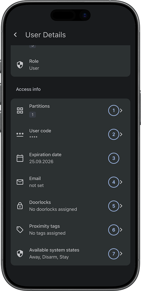 User Details screen showing Access info fields (dark)