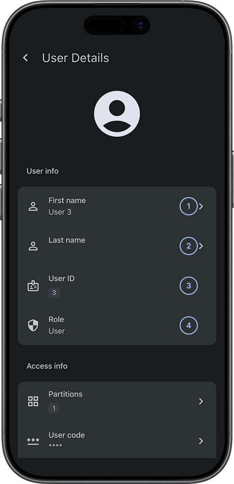 User Details screen showing User info fields (dark)