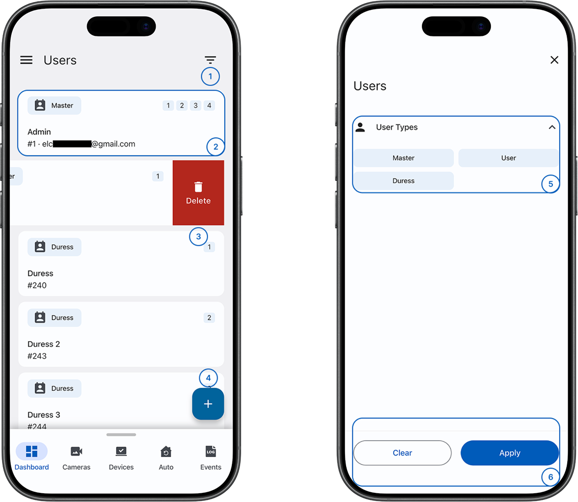 Users screen and filters with user cards and actions, with numbered callouts (light)