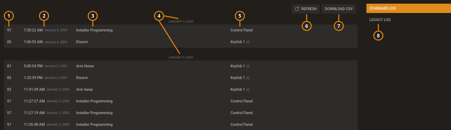 Navigating the LOGS tab (dark)
