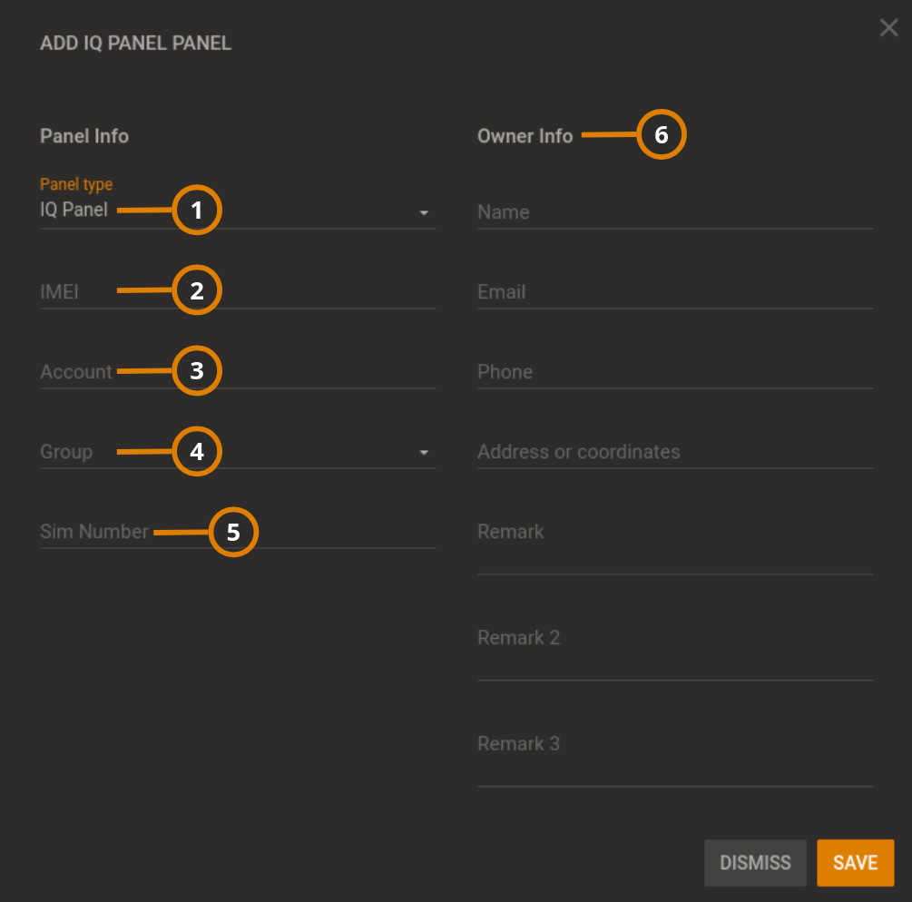 ADD PANEL dialog box (dark)