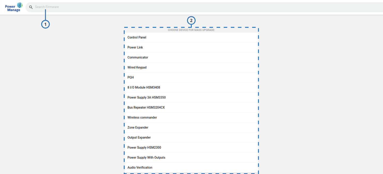 Navigating the Firmware page and the CHOOSE DEVICE FOR MASS UPGRADE list (light)