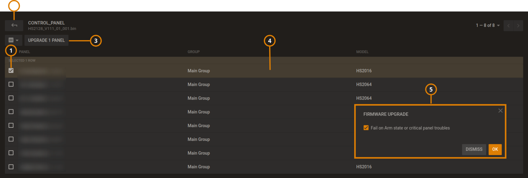 Selecting a group to upgrade on the Firmware page (dark)