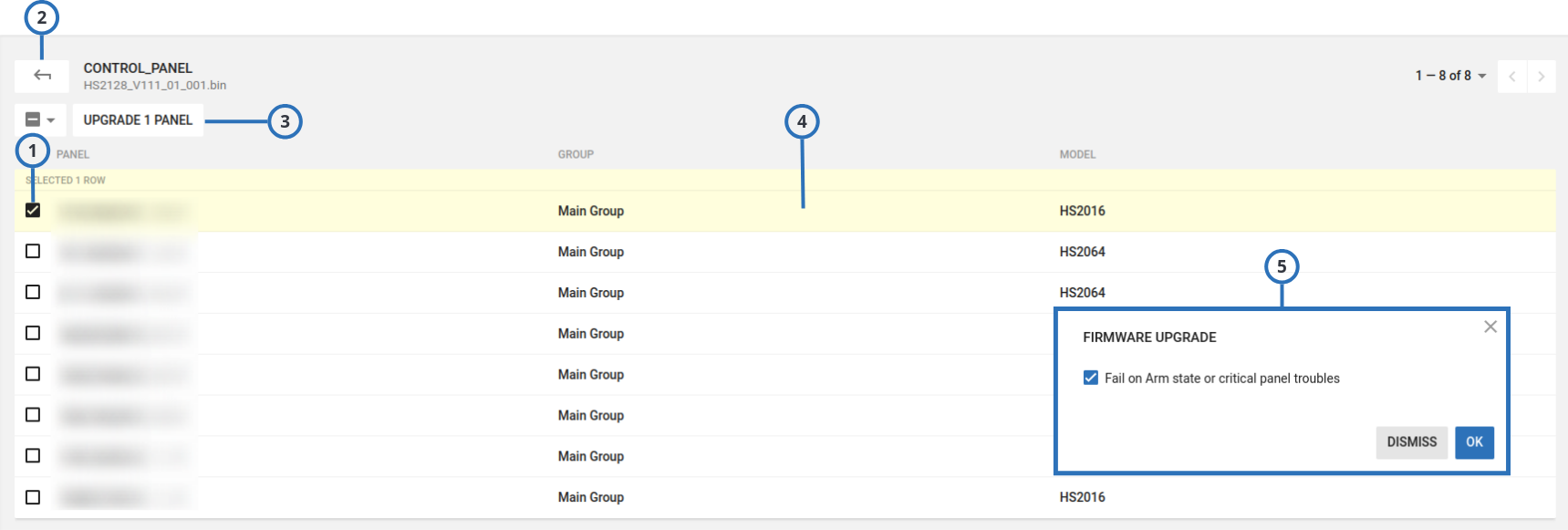 Selecting a group to upgrade on the Firmware page (light)