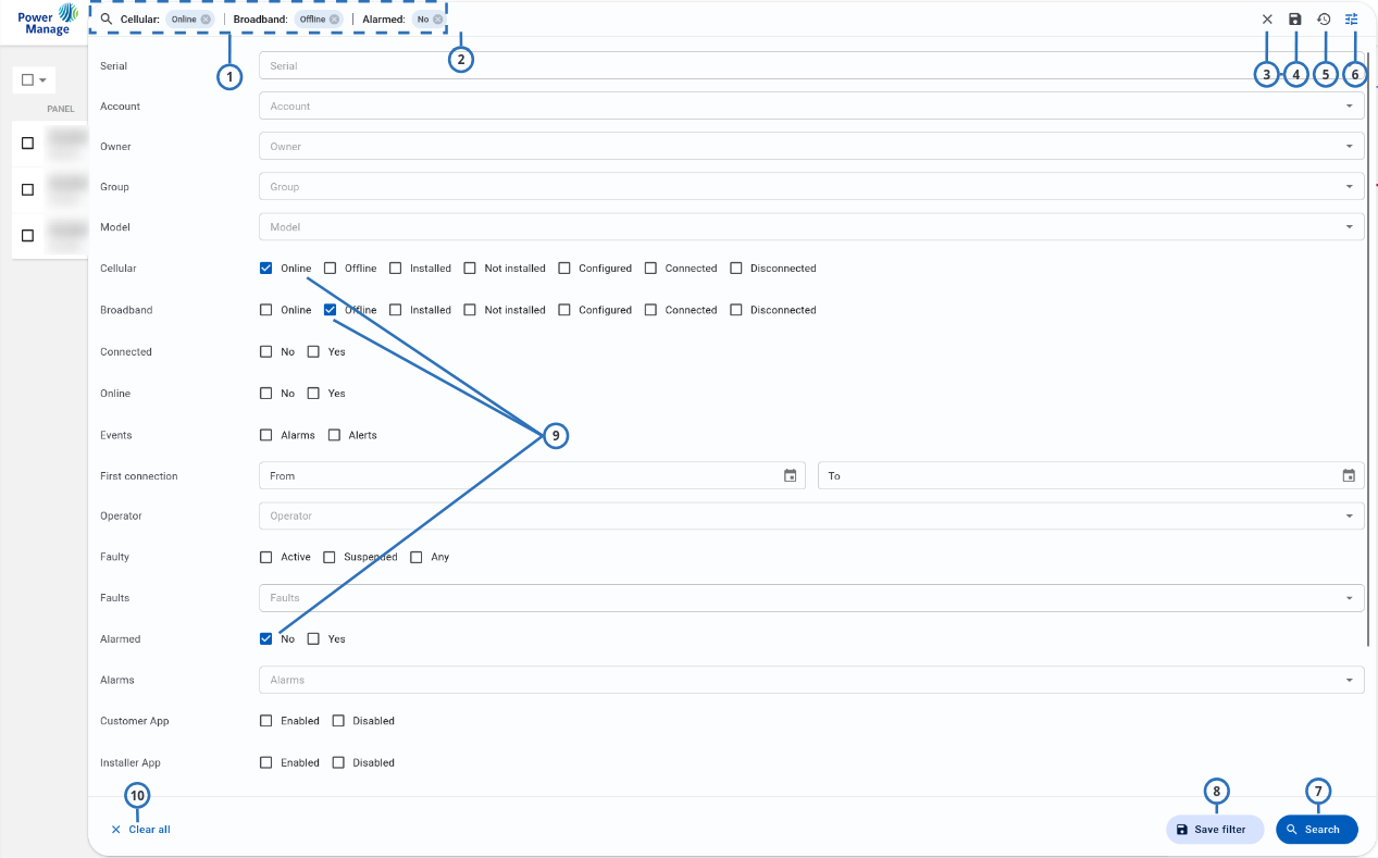 Navigating the search filter selection (light)