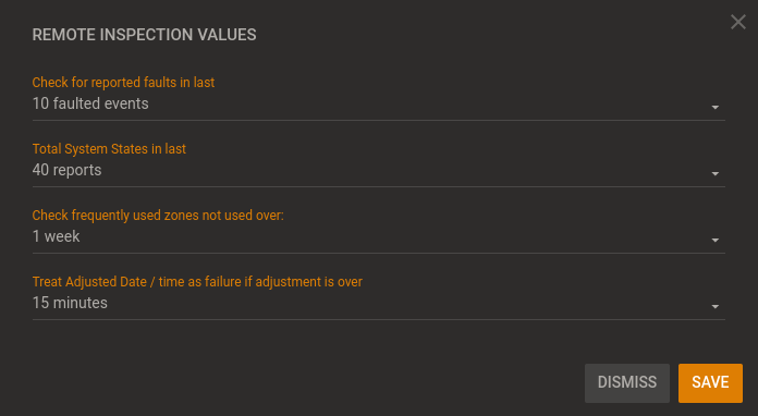 REMOTE INSPECTION VALUES dialog box (dark)
