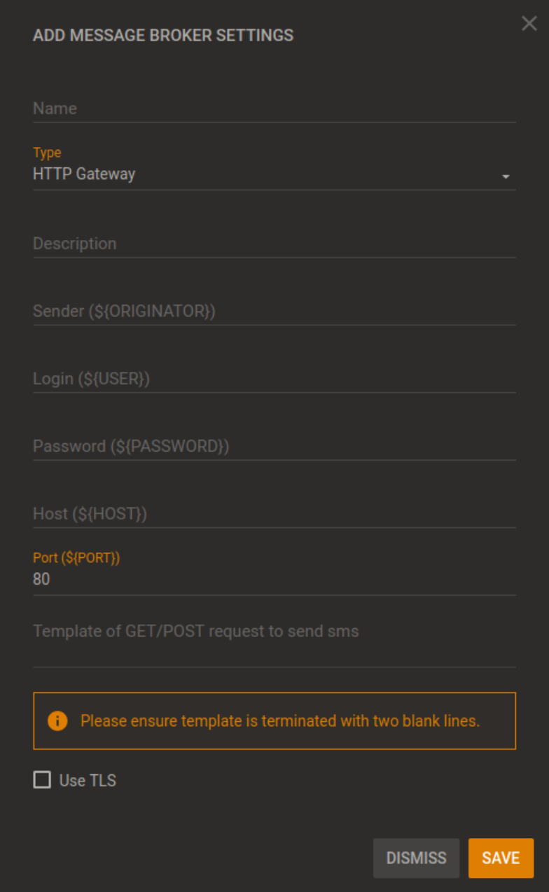 ADD MESSAGE BROKER SETTINGS dialog box (dark)