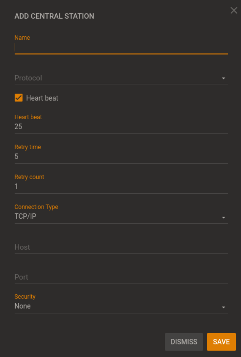 Adding Central station dialog box (dark)