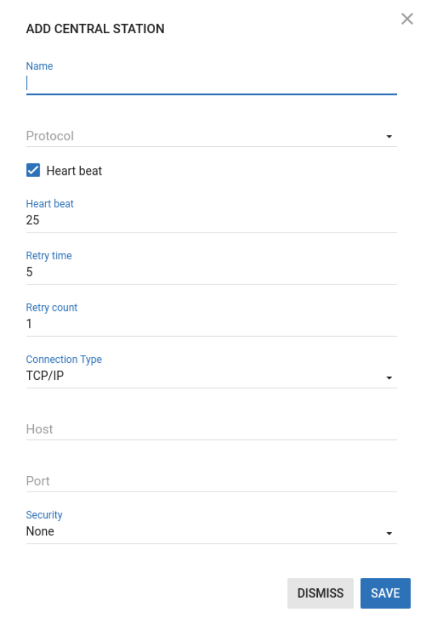 Adding Central station dialog box (light)