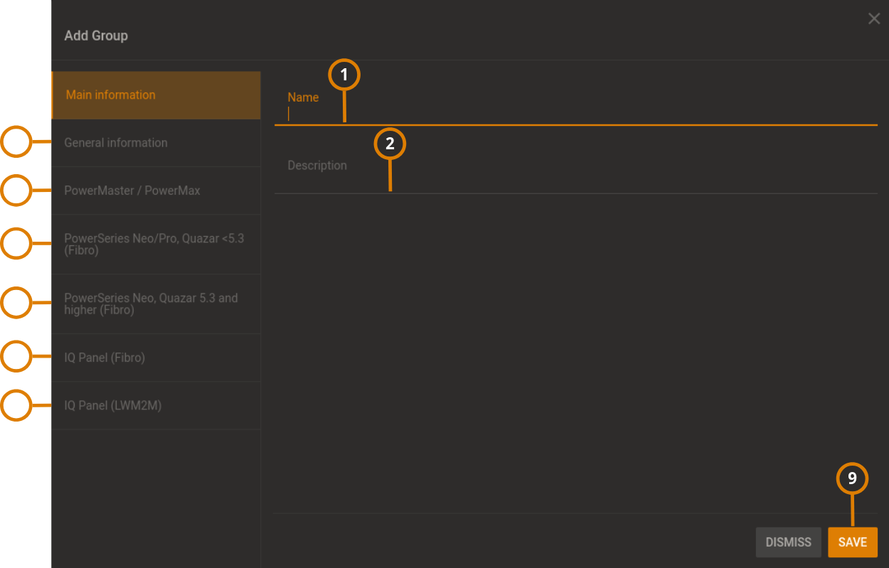 Group parameters dialog box (dark)