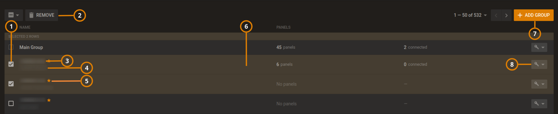 Navigating the Groups page (dark)