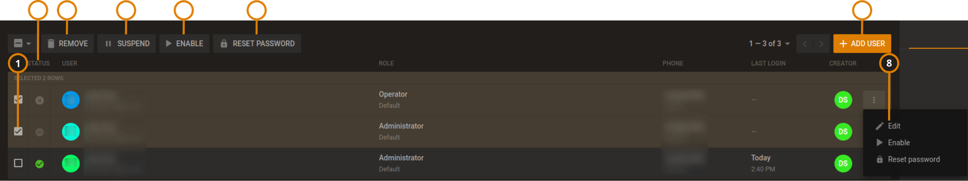 Navigating the Users page (dark)