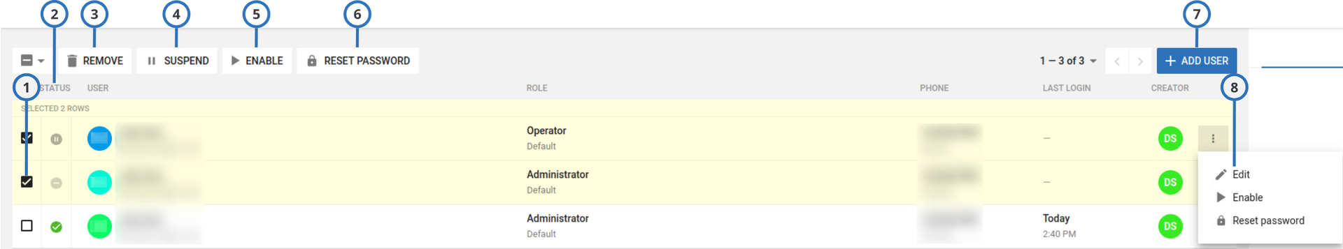 Navigating the Users page (light)