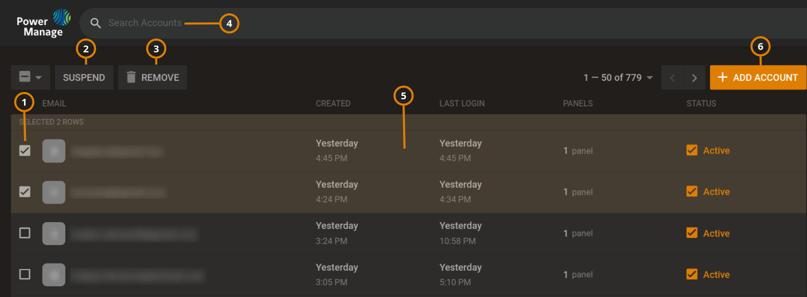 Accounts page (dark)