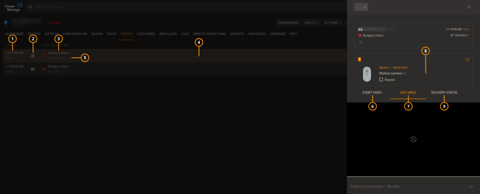 Navigating the EVENTS tab (dark)