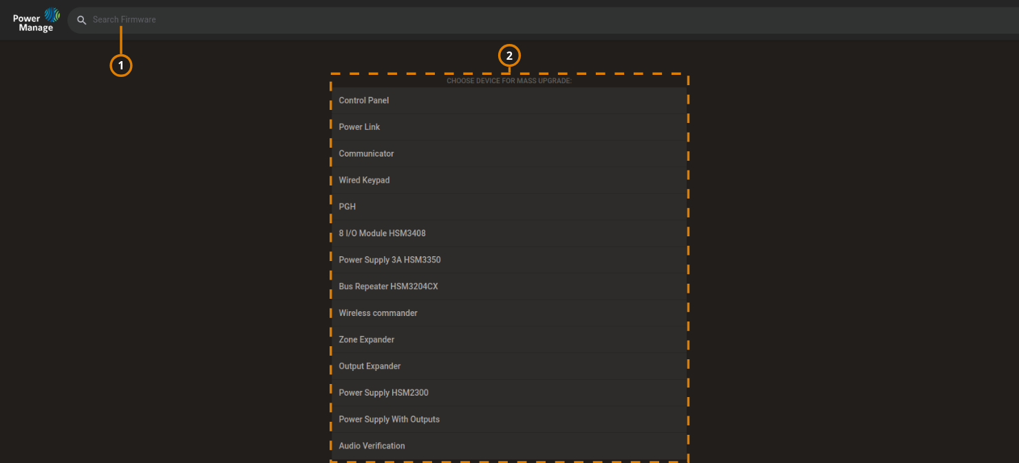 Navigating the Firmware page and the CHOOSE DEVICE FOR MASS UPGRADE list (dark)