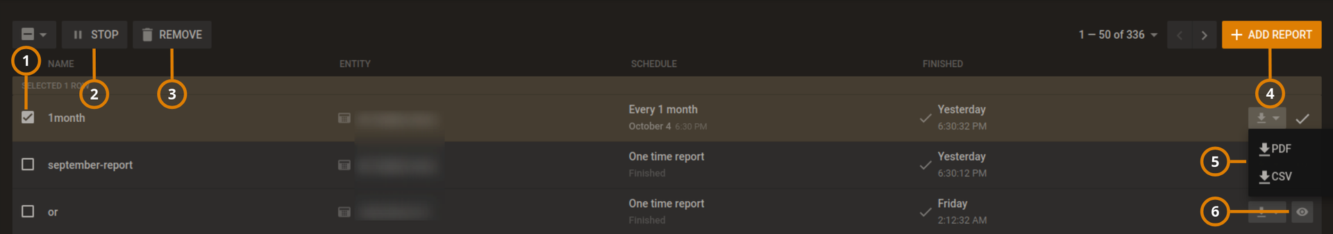 Navigating the Reports page (dark)