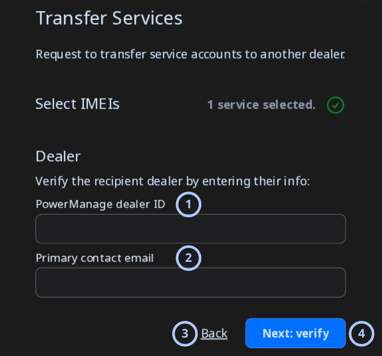 Select recipient dealer (dark theme)