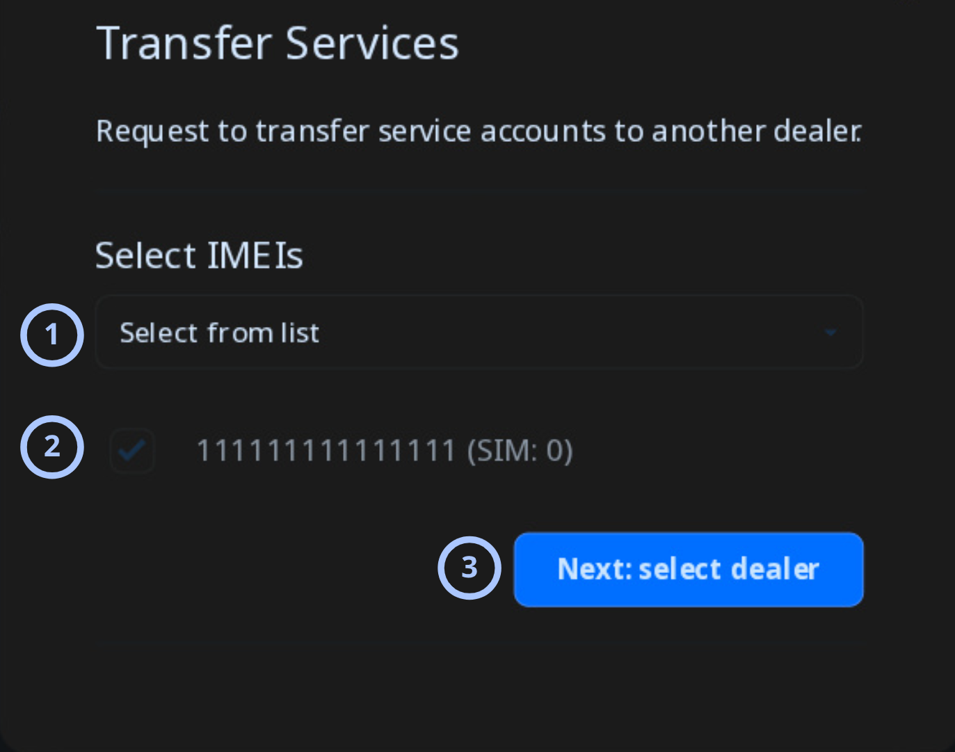 Select panel for transfer (dark theme)