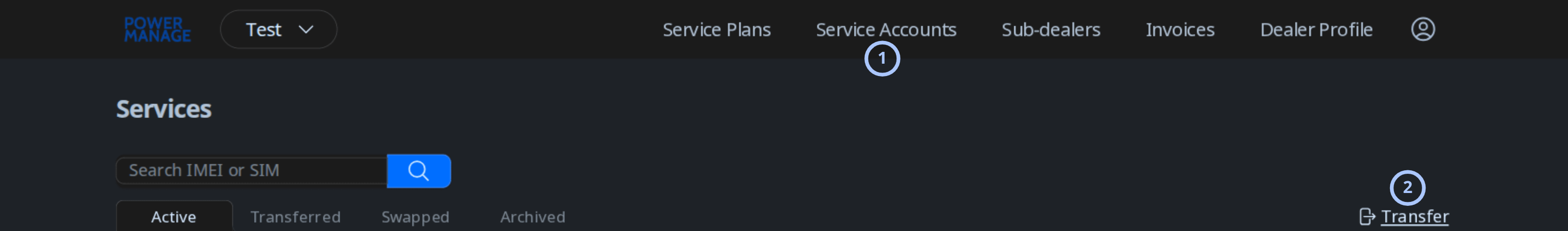 Panel transfer service page (dark theme)